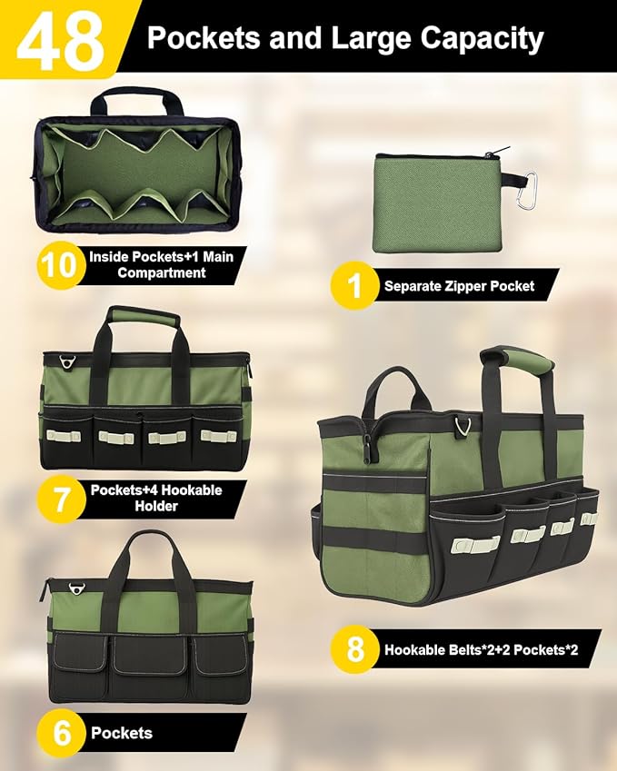 15 Inch Heavy Duty Tool Bag-48 Pockets,1680D Tear&Abrasion Resistant,Includes Tool Pouch,Tool Belt,Magnetic Wristband&Adjustable Shoulder Strap | Tool Organizer(Green)