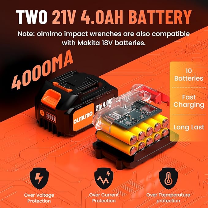 950N.m/700Ft-lbs Cordless Impact Wrench 1/2", 2 * 4.0Ah Battery Brushless Impact Wrench with Fast Charger, 5 Sockets Portable Suitcase for Car Tire DIY