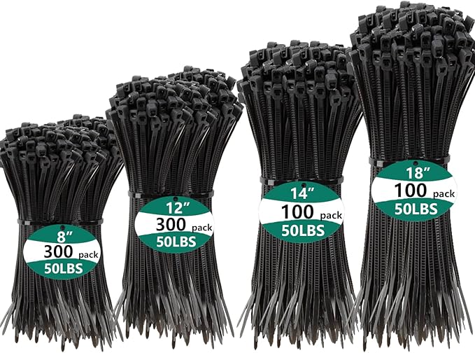 800 PCS Black Zip Ties Assorted Sizes 8+12+14+18 Inch Self-locking Nylon Cable ties Heavy Duty Outdoor, UV Resistant Wire Straps for Home Office Garden Workshop Indoor Outdoor Fence