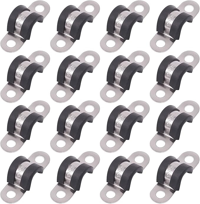 Glarks 16Pcs 12MM 2 Hole U-Tube Strap Clamp Set - 304 Stainless Steel Rubber Cushion Rigid Pipe Strap U Bracket Assortment Kit For Pipe Fixing