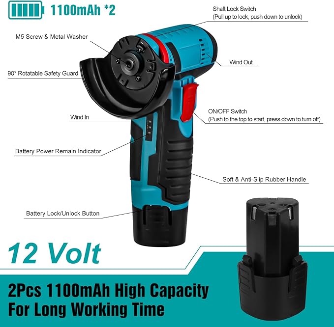 Cordless Angle Grinder Set, 12V 3inch Mini Electric Angle Grinding Tool with 2Pcs 1100mAh Batteries and 7-Cutting Discs, 19000RPM Electric Grinding Tool Handheld Cutter for Metal Wood