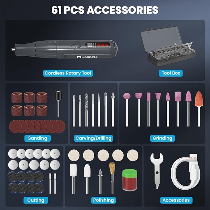 HARDELL Cordless Rotary Tool Kit 8V, 5-Speed Rotary Tool with Digital Display & Auto-Lock Chuck, Quick-Change Power Rotary Tool with Light for Drilling, Engraving, Pet Grooming, DIY Crafts