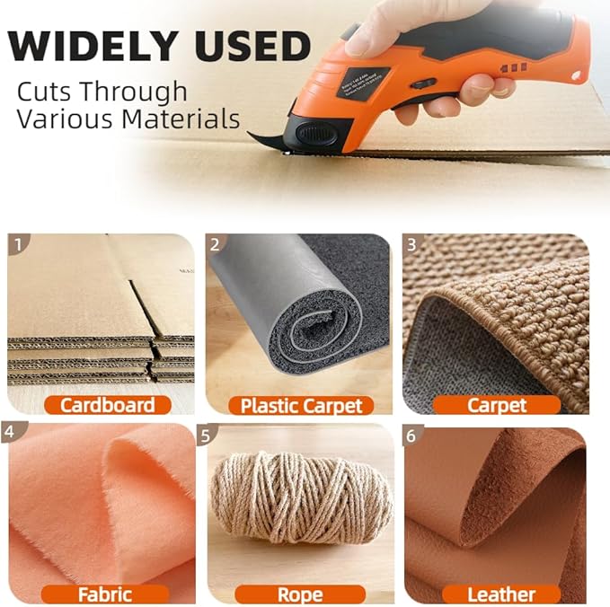 Cordless Electric Scissors, 3.6V Cardboard Cutter with 2 Blades, Rechargeable Electric Fabric Cutter with Safety Lock for Cutting Fabric Carpet Cardboard Leather (Orange)