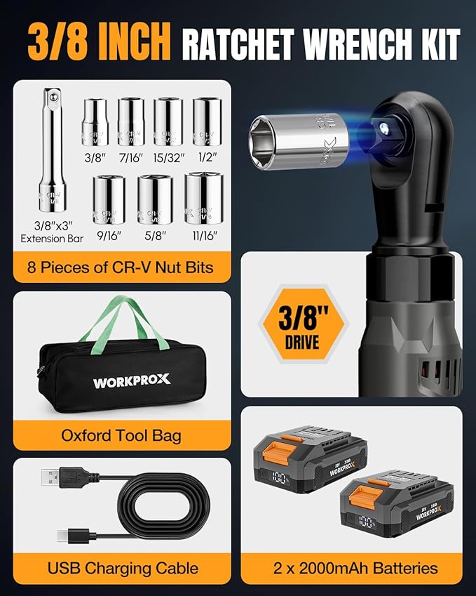 WORKPROX Electric Ratchet Wrench 3/8" Set, 20V Cordless Ratchet Wrench Kit, 74Ft-lbs, 250RPM, Battery Powered Ratchet with LED Light, 2-Pack 2000mAh Batteries, 7 Sockets & 3" Extension Bar