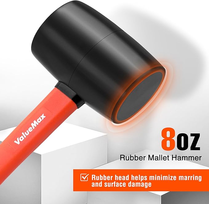 ValueMax 8oz Rubber Mallet Hammer, Fiberglass Handle, Double-Faced Soft Mallet, Soft Blow Tasks without Damage for Camping, Flooring, Tent Stakes, Woodworking