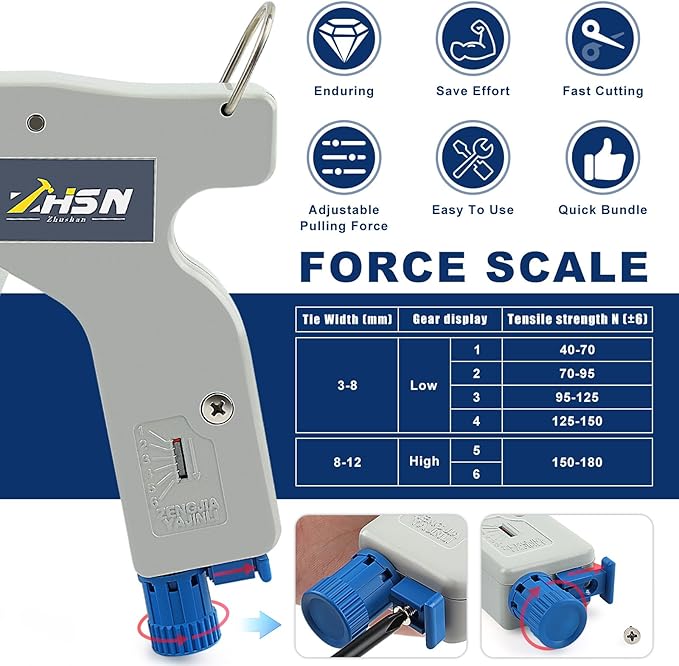 Zhushan Cable Tie Gun Tool – Durable, Low-Effort Design with Adjustable Tension, Fast & Easy Zip Tie Cutter for Nylon Cable Ties