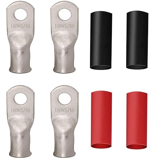 0 Gauge Tinned Copper Lugs 4 PCS 1/0 AWG - 5/16'' Cable Lugs Wire Lugs UL Listed 0 Gauge Ring Terminals Battery Cable Ends Heavy Duty Closed End Crimp Lugs with 4 PCS 3:1 Heat Shrink Tubing