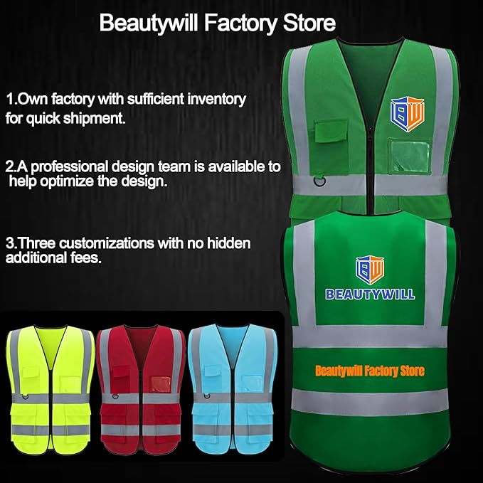 BeautyWill Custom Safety Vest Customized Logo Class 2 High Visibility Reflective Vest with Pockets Construction workwear