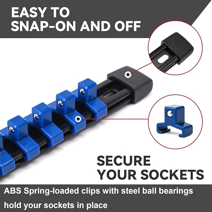 ALOANES 3 PC ABS Socket Organizer, 1/2 inch, Drive Socket Rail Holders, Heavy Duty Socket Racks, Black Rails with Blue Clips