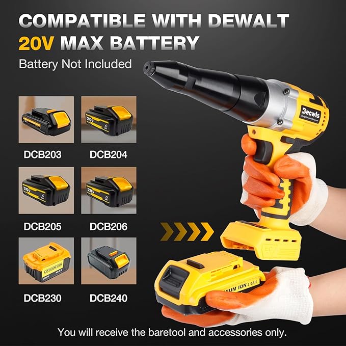 Cordless Rivet Gun Electric Compatible with Dewalt 20V Max Battery, Brushless Cordless Rivet Tool Kit, Pop Rivet Gun with 3 Size (1/8", 5/32", 3/16") Rivets & Rivet Head, Led Light (Tool Only)