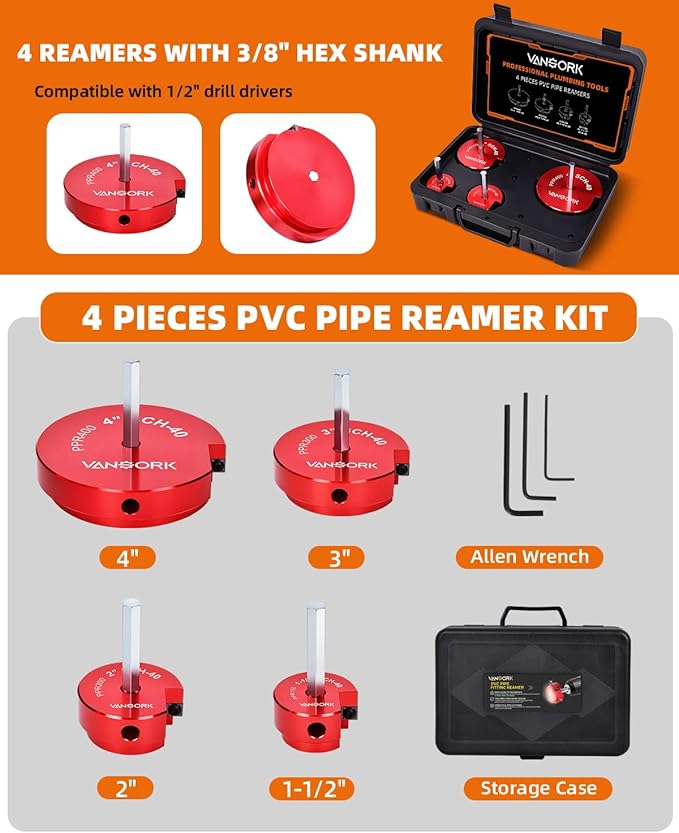 4 Pieces PVC Pipe Reamer Kit, PVC Fitsting Saver, Plastic Pipe Fitsting Reamer Socket Saver Plumbing Tool Includes 1-1/2'', 2'', 3'', 4'', for Schedule 40, Fits Standard 1/2" Drill