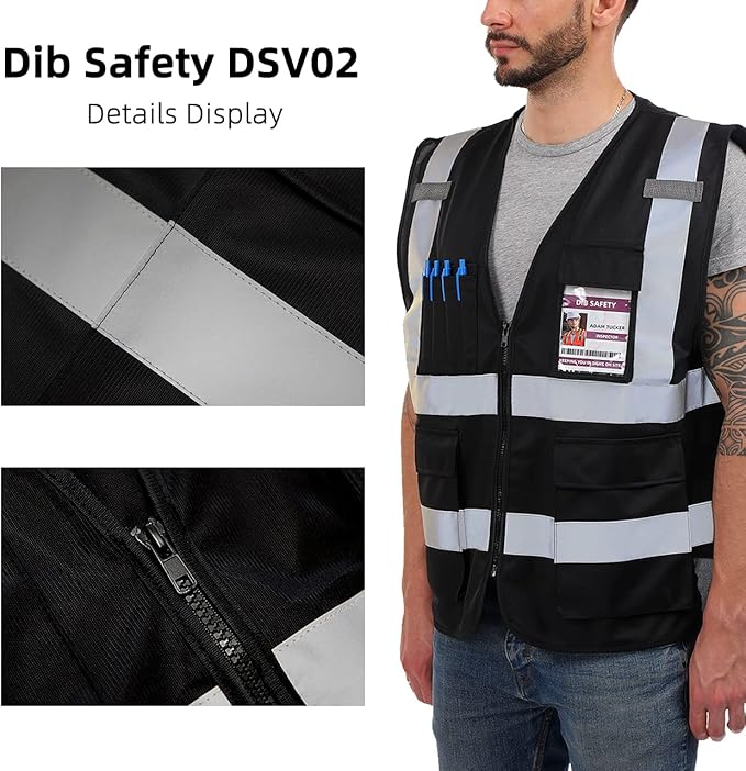 Dib Safety Reflective Vest High Visibility with Pockets and Zipper, Black 3XL