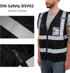 Dib Safety Reflective Vest High Visibility with Pockets and Zipper, Black 4XL