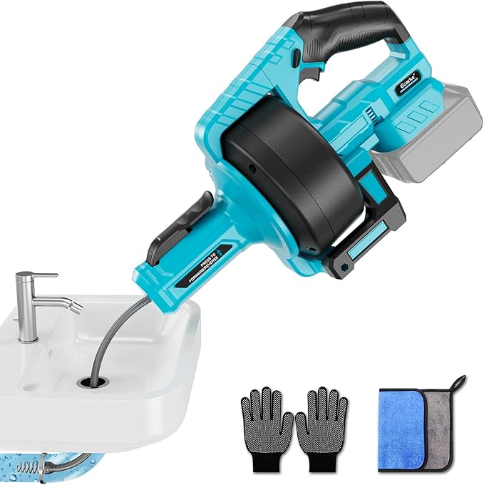 Ecarke Cordless Drain Auger 25Ft Compatible with Makita 18V Battery: 610 RPM Electric Plumbing Snake Drain Auger Spiral Machine, Powerful Drain Cleaner With Towel & Gloves for Kitchen,Sewer(Tool Only)