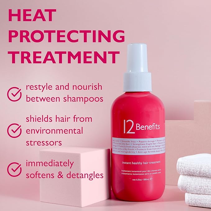 12 Benefits Leave-In Conditioner Spray – Instant Healthy Hair Treatment, Anti-Frizz, Detangles, Strengthens & Repairs, Heat Protection with Quaternium 39 & Silk Fibre Protein, 6 Fl Oz-VeraVaultWomen