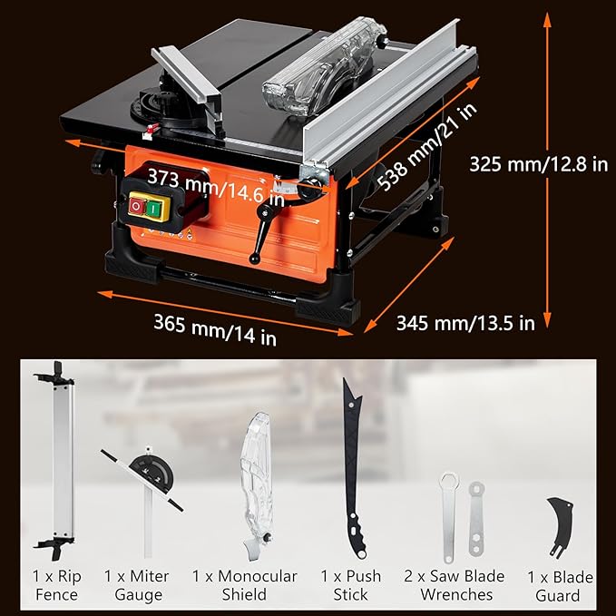 Table Saw for Jobsite 8-inch, 6.7-Amp Copper Motor, Cutting Speed up to 3576RPM, 24T Blade, Compact Portable Table Saw Kit, with Sliding Miter Gauge DIY Woodworking and Furniture Making, Orange