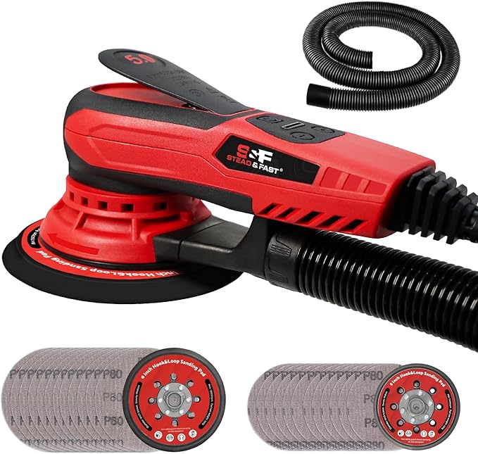 S&F STEAD & FAST Electric Random Orbital Sander with Vacuum Attachment 350W, Professional-grade, 5 inch 6 inch Backing Pads, Quiet, Powerful, Low Vibration, Woodworking, Auto Body Repair