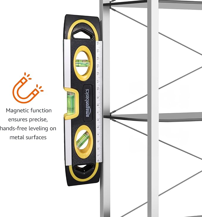 Amazon Basics 9-Inch Magnetic Torpedo Level and Ruler, 180/90/45 Degree Bubbles, Black