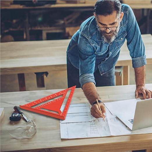 Beslands Aluminum 12-inch Rafter Square Carpenter Measuring Layout Tool Alloy Metal Triangle Ruler Imperial Protractor for Woodworking and Carpentry Red