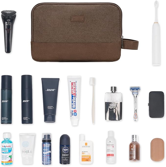 WANDF Travel Toiletry Bag for Men Large Toiletries Shaving Bag Water Resistant Hanging Dopp Kit Travel Accessories Bag for Women Men (Brown)