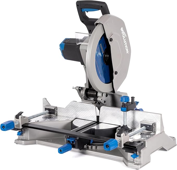Evolution S355MCS 14" Mitering Chop Saw | Heavy Duty Metal Cutting Saw | 15A/1450 RPM | TCT Blade | Sliding Head & Locking Pin | Cast Iron Clamps | Mitering Base | Knurled Fence | Quick Clamp