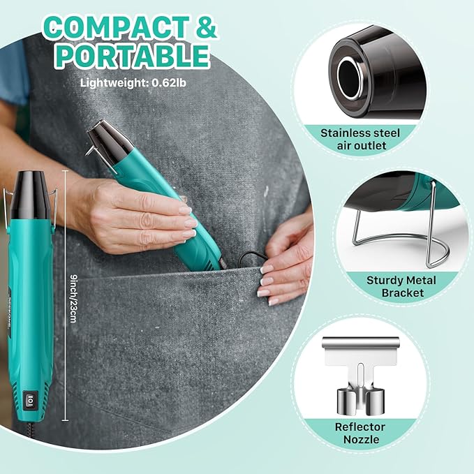 SEEKONE 350W Mini Heat Gun, Dual-Temp Model 500℉ & 842℉（260℃ & 450℃）Fast Heat Hot Air Gun with Overheat Protection and Reflector Nozzle for Heat Shrinking Tubes, Shaping, PVC Tubing（4.9FT）