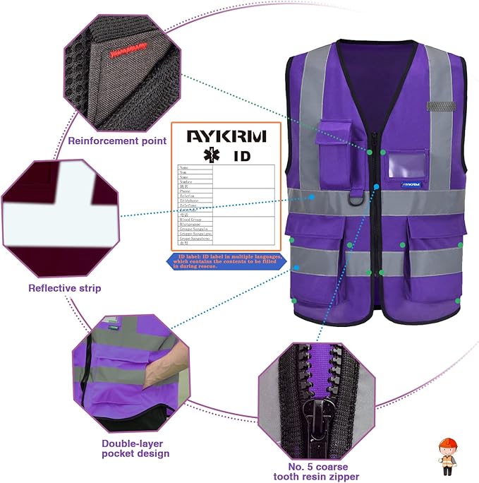 A-SAFETY Purple High visibility vest,Reflective Safety Vest Workwear 7 Pockets Hi Vis Durable Vest with Reflective Tapes 4 Lower Pockets