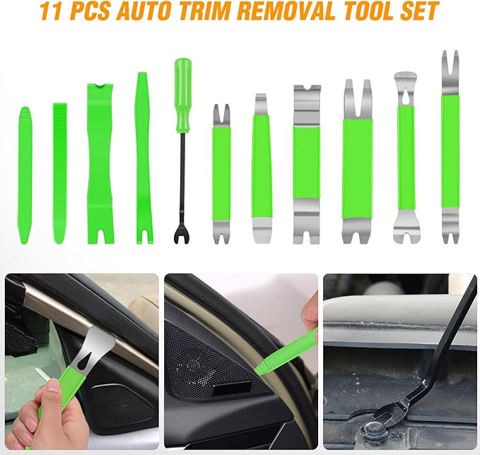 GOOACC 11 PCS Trim Removal Tool Kit, Metal Pry Tool Auto Fastener Remover Pry Bar Set Car Door Panel Removal Tool Dashboard Repair Kit Green