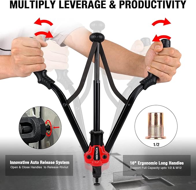 Heavy Duty Rivet Nut Tool Kit, 16" Auto Release Nut Rivnut Tool with 12 SAE & Metric Mandrels & 105 Nurserts, Threaded Riveter Tool Setter in Rugged Carrying Case NT800