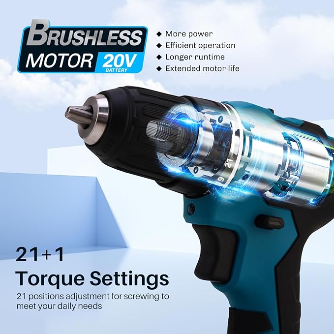 Brushless Cordless Drill Set/Driver Kit,Lightweight Driver, Electric Power Drill with 2 Batteries and Charger,3/8 Inch Keyless Chuck,21+1 Torque Setting,2 Speed with Bits-JOVANT