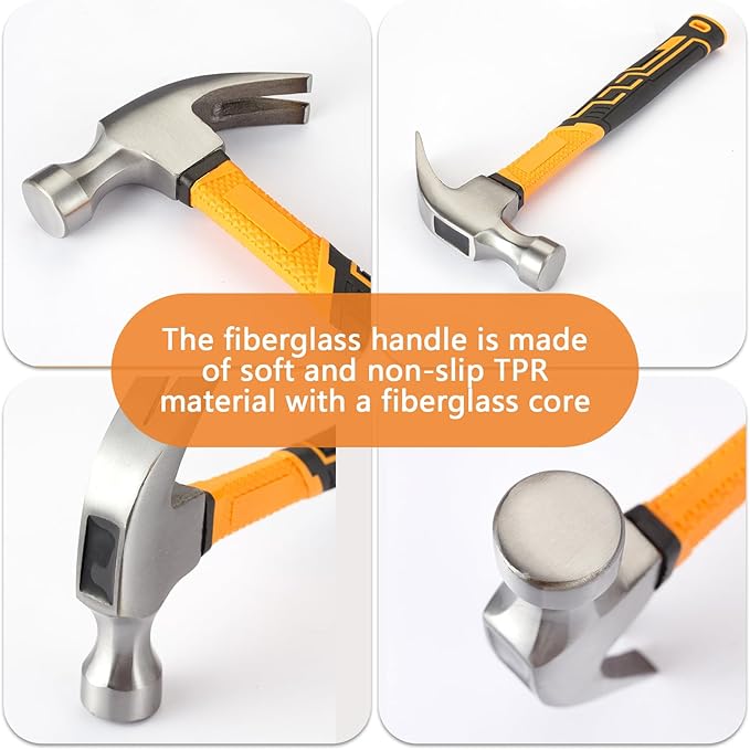 Hammer Set 4-Piece with Fiberglass Handle,1LB Dead Blow Hammer,16oz White Rubber Mallet,35mm Double-Faced Soft Mallet,16oz Claw Hammer for Flooring,Woodworking, Camping, Crafts