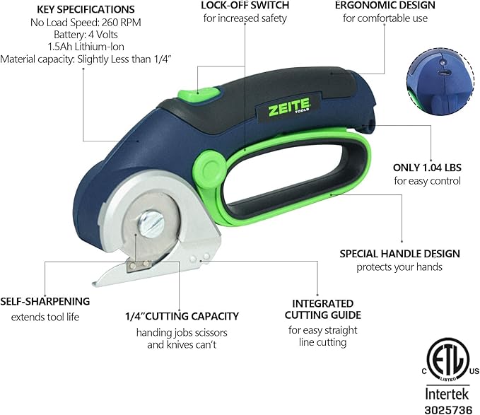 ZEITE 4V Cordless Electric Scissors,Cardboard Cutter with 2 Blades,Storage Box,USB Charging Cable,Power Rotary Cutter,Max Cutting 1/4",for Cardboard Box,Thin Carpet & Plastic, Easy to Hold and Safe