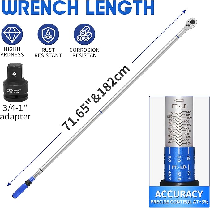 1-Inch Drive Click Torque Wrench, Dual-Direction Click Professional Torque Wrench 200-1200FT.LB/271-1356.7N.M, Dual Range Scales Graduated in FT.LB and N.M