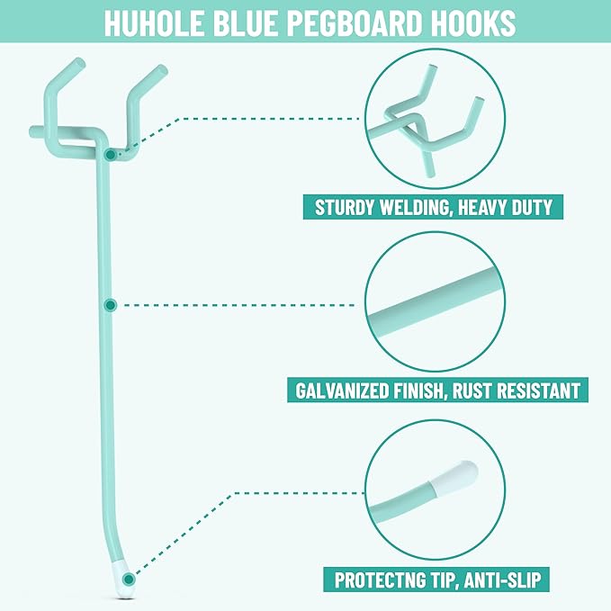 HUHOLE Pegboard Hooks 2 Inch 50PC, Blue Peg Board Hooks, Fit 1/4" or 1/8" Pegboard, Ideal Peg Board Organizer Accessories for Garage Tool Organization, Wall Storage (Blue, 2 Inch)