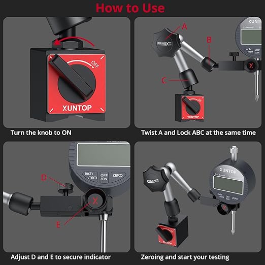 0-1inch/0.0005inch Dial Digital Indicator and 90lbs (40kg) Magnetic Base Magnetic Electronic Indicator with 3 Adjustable Joints 5/16 inch (8mm) Clamping Diameter for Lathe CNC 3D Printer