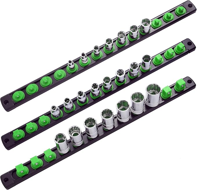 3-Piece Magnetic Socket Organizer, Heavy Duty Aluminum Socket Rails Organizer, 360° Swivel Clips Socket Holder Kit for Tool Box, 1/2, 3/8, 1/4-Inch Socket Holder x 40 Clips (Green)