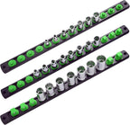 3-Piece Magnetic Socket Organizer, Heavy Duty Aluminum Socket Rails Organizer, 360° Swivel Clips Socket Holder Kit for Tool Box, 1/2, 3/8, 1/4-Inch Socket Holder x 40 Clips (Green)