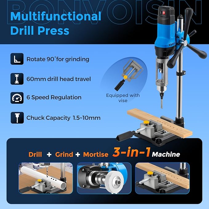Bonvoisin Benchtop Drill Press with Square Hole Drill Bit, Bench Mortising Machine for Woodworking, 860W Electric Drilling Machine Chuck Capacity 1.5-10mm
