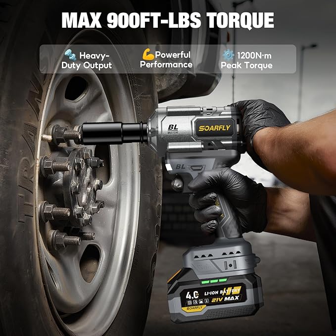 Upgraded Cordless Impact Wrench 1/2", 900 Ft-lbs (1200 Nm) Brushless Impact Gun, 21V High Torque Impact Driver with 2x 4.0Ah Batteries, Variable Speed for Car, Truck, Workshop, Heavy-Duty Jobs
