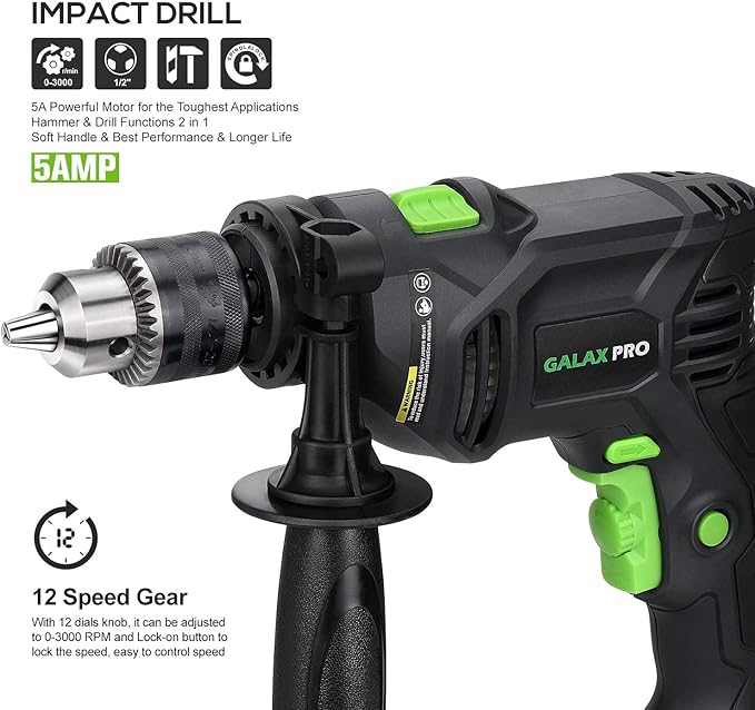 GALAX PRO 5Amp 1/2-inch Hammer Drill with 105pcs Accessories, Variable Speed 0-3000, Hammer and Drill 2 Functions in 1, 360°Rotating Handle, Depth Gauge, Carrying Case Included