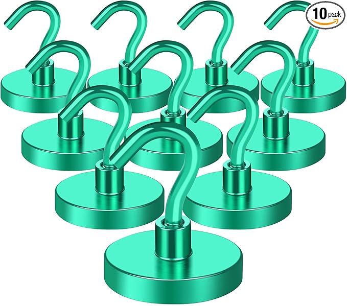 MIKEDE Strong Magnetic Hooks, 110Lbs Heavy Duty Magnetic Hooks for Cruise, Neodymium Earth Magnets with Hooks for Hanging, Super Metal Industrial Magnets for Grill, Storage (Green,10 Pack)