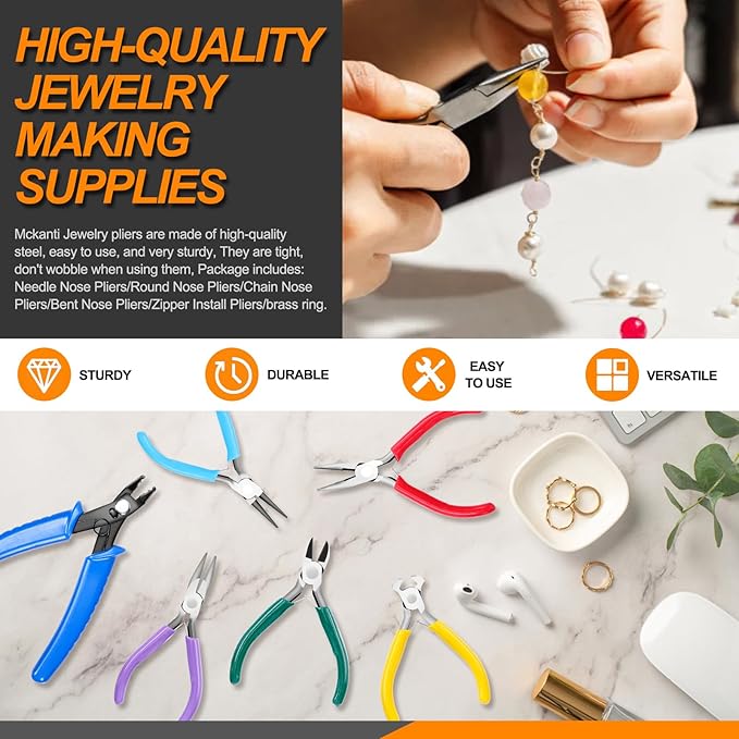 Jewelry Pliers Set - 7 Pcs Includes Long Nose, Round Nose, Diagonal Wire Cutter, End Cutting, Bead Crimping Pliers With Storage Bag