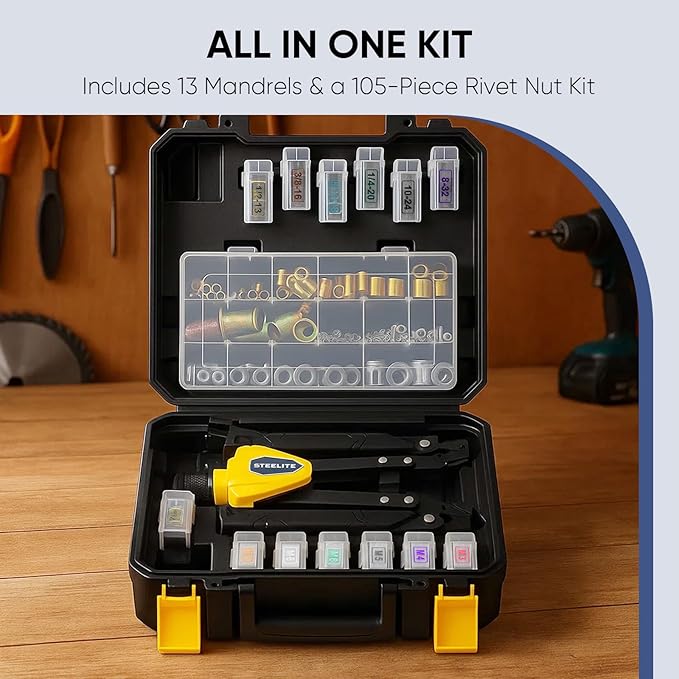 Steelite Foldable Rivet Nut Tool Kit, 15-Inch Rivnut Tool with 13 Metric and SAE Mandrels, Professional Hand Riveter with 105Pcs Rivnuts Assortment Kit