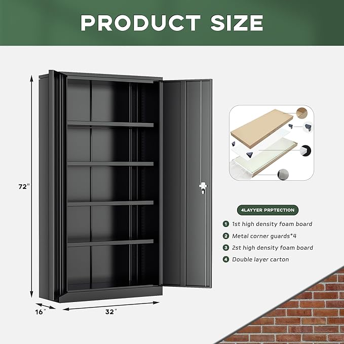 Greenvelly Metal Garage Storage Cabinet, 72” Locking Black Tool Steel Cabinet with Doors and 4 Shelves, Tall Metal Cabinets with Garage Storage Systems for Home Office, Kitchen/Pantry