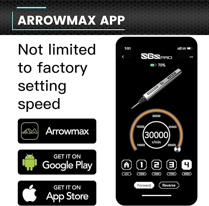AM ARROWMAX Mini Engraving Pen, Rotary Tool with 42 Bits, Aluminum Case, Smart Motion Control, OLED, APP, Magnetic Charger, Tool Bag, Engraving Pen for Jewelry, Wood, Glass, Carving (SGS PRO Plus)
