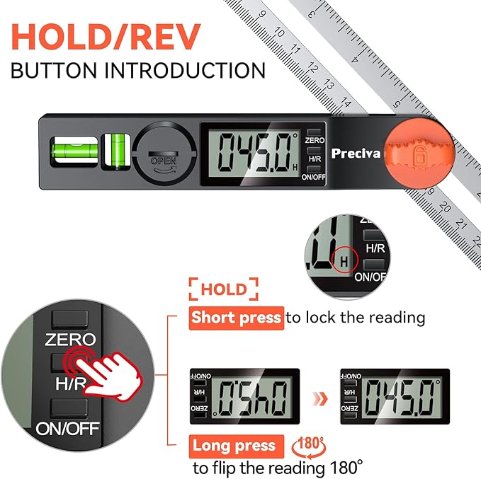Preciva T-Bevel Gauge & Protractor with Horizontal and Vertical Bubble,0-338° Digital Angle Finder Protractor 230mm/8inch Display for Carpentry Woodworking, Metalworking, Construction
