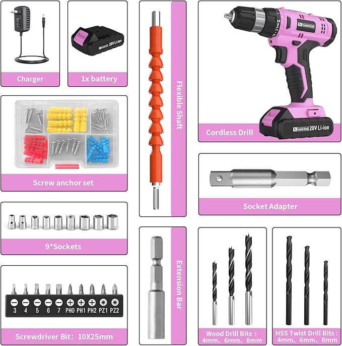 Cordless Drill Set, 20V Electric Power Drill With Battery And Charger, 30N Torque, 21+1 Settings, 3/8-Inch Keyless Chuck, Driver Bits Kit, LED Light (Pink)