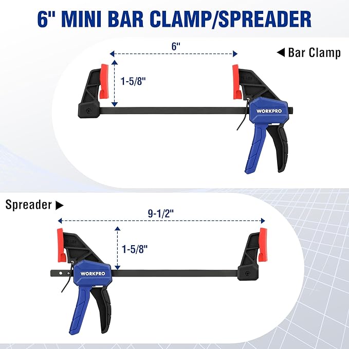 WORKPRO 6" Mini Bar Clamps for Woodworking, One-Handed Clamp/Spreader, Wood Clamps Set, Screw Change F Clamps with 50LBS Load Limit, 4 Pack