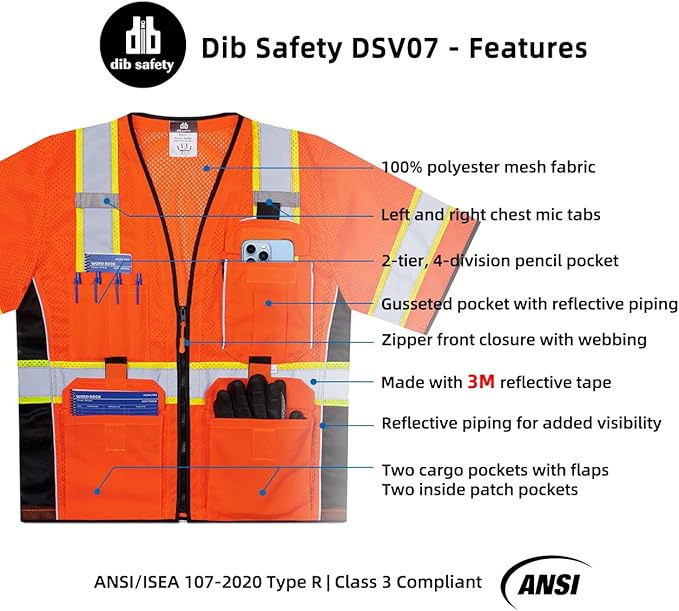 Dib Safety Reflective Mesh Vest ANSI Class 3, High Visibility with Pockets and Zipper, Made with 3M Reflective Tape, Orange S