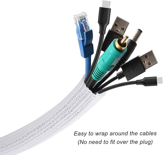 CrocSee 25ft - 1 inch Braided Cable Management Sleeve Cord Protector - Self-Wrapping Split Wire Loom for TV/Computer/Home Theater/Engine Bay - White